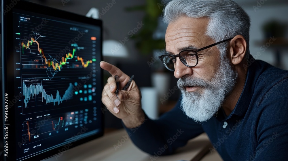 Experienced Analyst: A seasoned financial professional meticulously analyzes a stock market chart on his computer screen. Experienced Analyst: A seasoned financial professional meticulously analyzes a stock market chart on his computer screen.