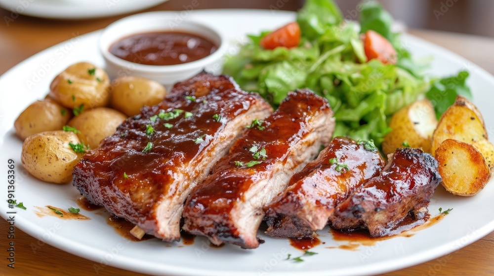 A delicious plate of roasted pork ribs with a caramelized barbecue sauce, accompanied by roasted potatoes and a fresh garden salad. A delicious plate of roasted pork ribs with a caramelized barbecue sauce, accompanied by roasted potatoes and a fresh garden salad.