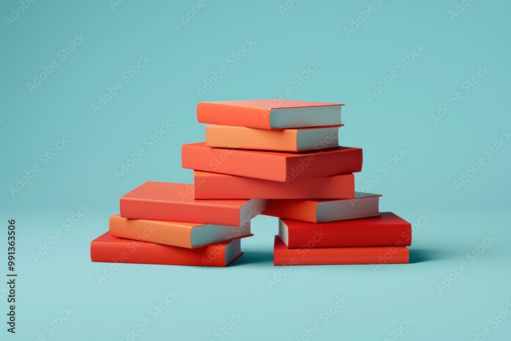 Fototapeta premium Colorful stacked books on a light blue background, vibrant red tones, creative concept showcasing education and knowledge, perfect for academic themes and educational content