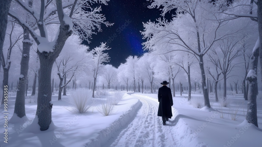 A person dressed in black slowly walks down a snowy trail surrounded by snow-laden trees under a night sky. The tranquil winter landscape creates a serene and peaceful atmosphere, as the figure moves A person dressed in black slowly walks down a snowy trail surrounded by snow-laden trees under a night sky. The tranquil winter landscape creates a serene and peaceful atmosphere, as the figure moves