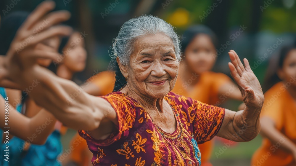 Obraz premium Happy Elderly Woman Dancing in a Group