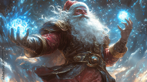 Santa as a Powerful D&D Good Wizard Casting Magic
