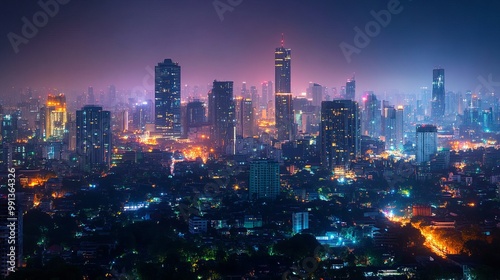 A vibrant city skyline illuminated at night, showcasing urban life and architecture.