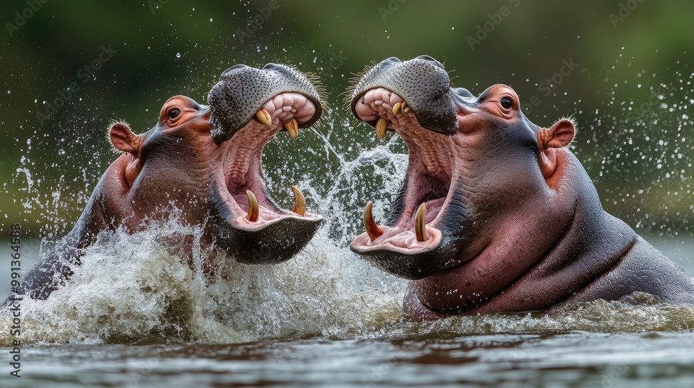 A pair of hippos play-fighting in the water, splashing wildly as they face off with their mouths wide open. A pair of hippos play-fighting in the water, splashing wildly as they face off with their mouths wide open.