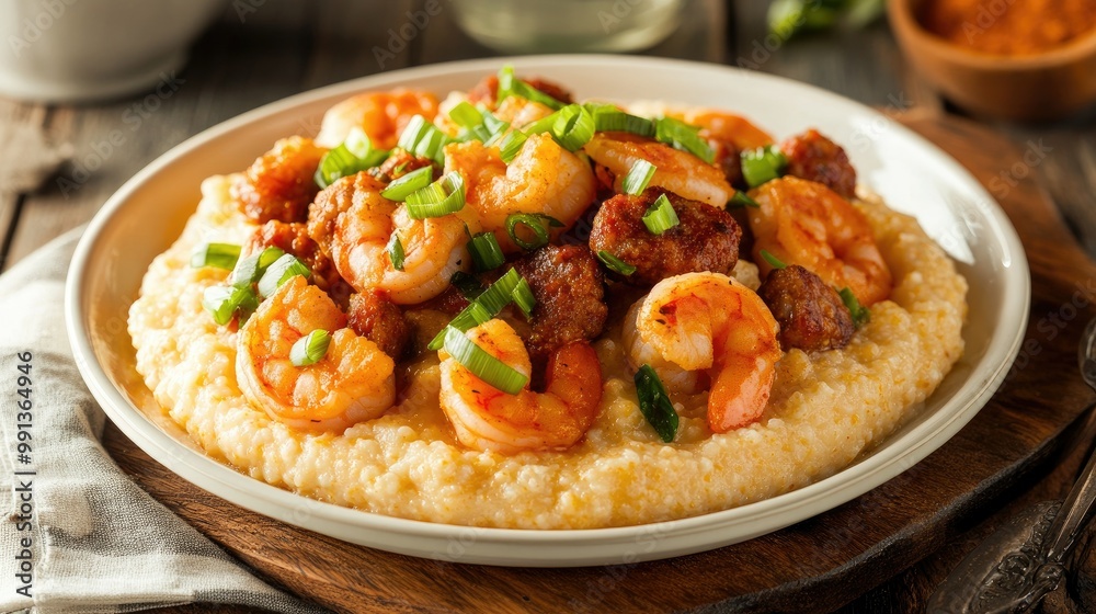 A delicious shrimp and grits dish with spicy sausage, garnished with scallions and served on a rustic wooden table.