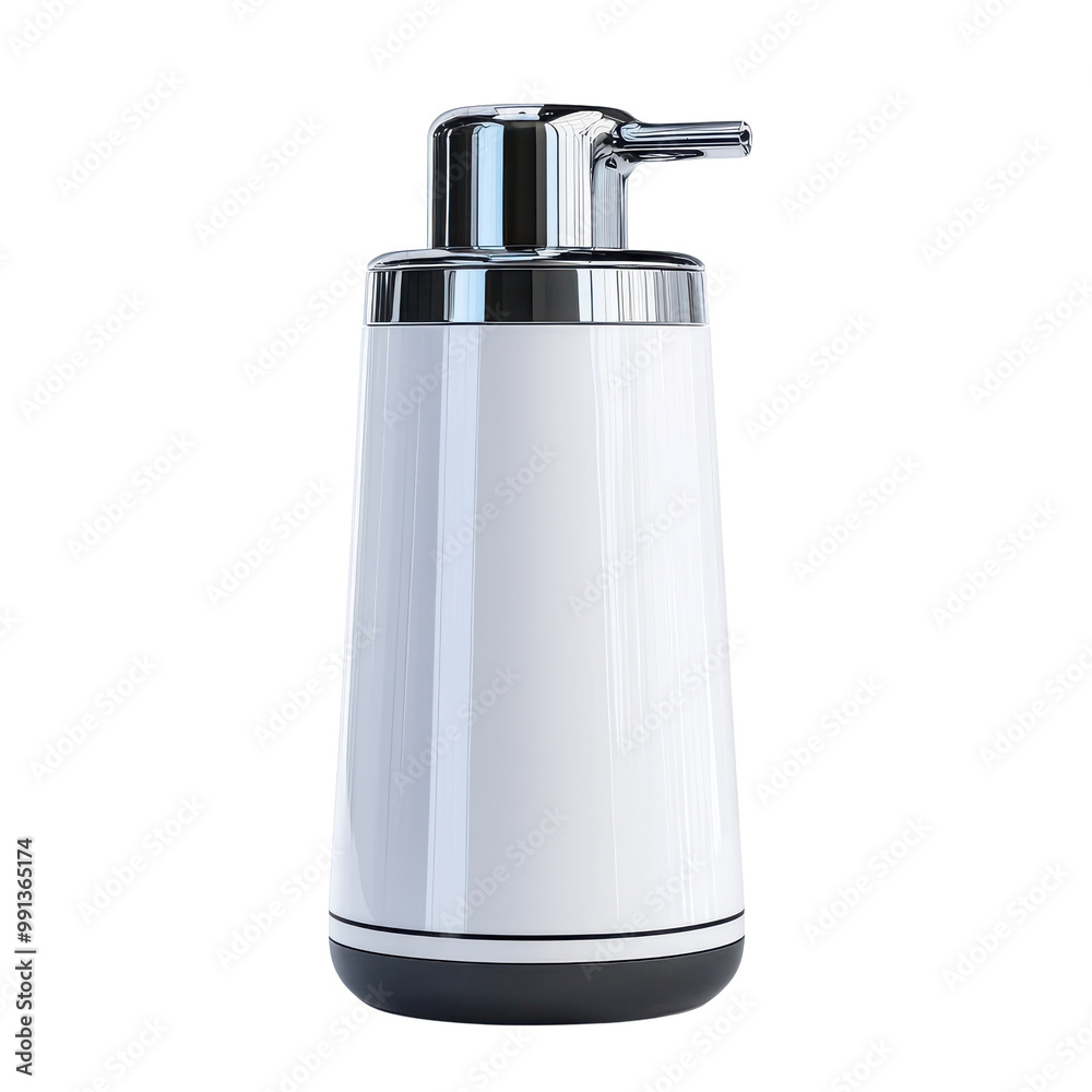 Stylish white soap dispenser with a chrome pump, perfect for modern bathrooms and kitchens. Stylish white soap dispenser with a chrome pump, perfect for modern bathrooms and kitchens.