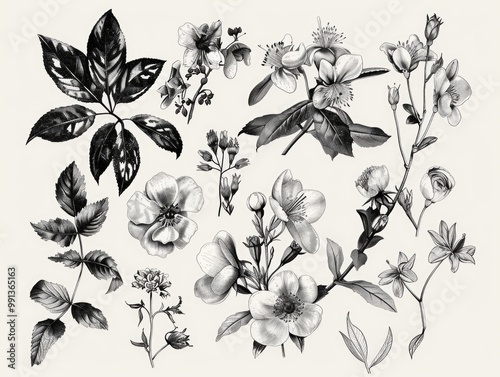 A set of black and white botanical illustrations featuring a variety of floral designs, including leaves, stems, and complete blossoms. These watercolor-effect drawings photo