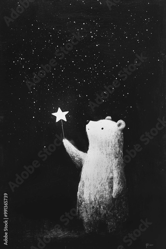 Cute teddy bear sits under starry sky, holding illuminated candle,warm and cozy atmosphere.