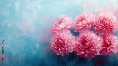 Wallpaper Mural Elegant abstract artwork featuring the dynamic patterns of pink chrysanthemums on a soft, powder blue backdrop Torontodigital.ca