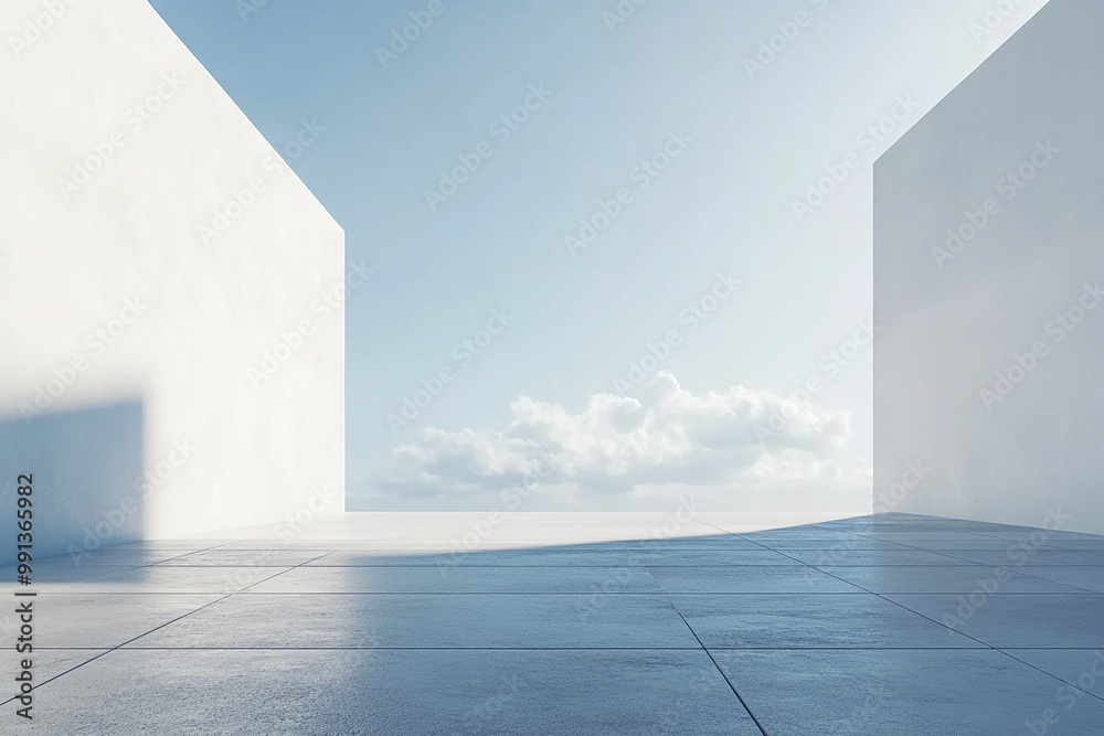 Abstract 3D rendering of minimalist style architectural space scene, mountain and lakeside building Abstract 3D rendering of minimalist style architectural space scene, mountain and lakeside building