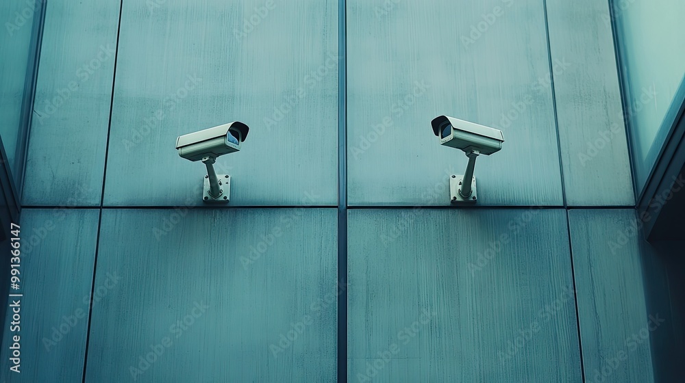 A pair of modern security cameras positioned on a commercial building facade, pointing in opposite directions to cover the entire perimeter. A pair of modern security cameras positioned on a commercial building facade, pointing in opposite directions to cover the entire perimeter.