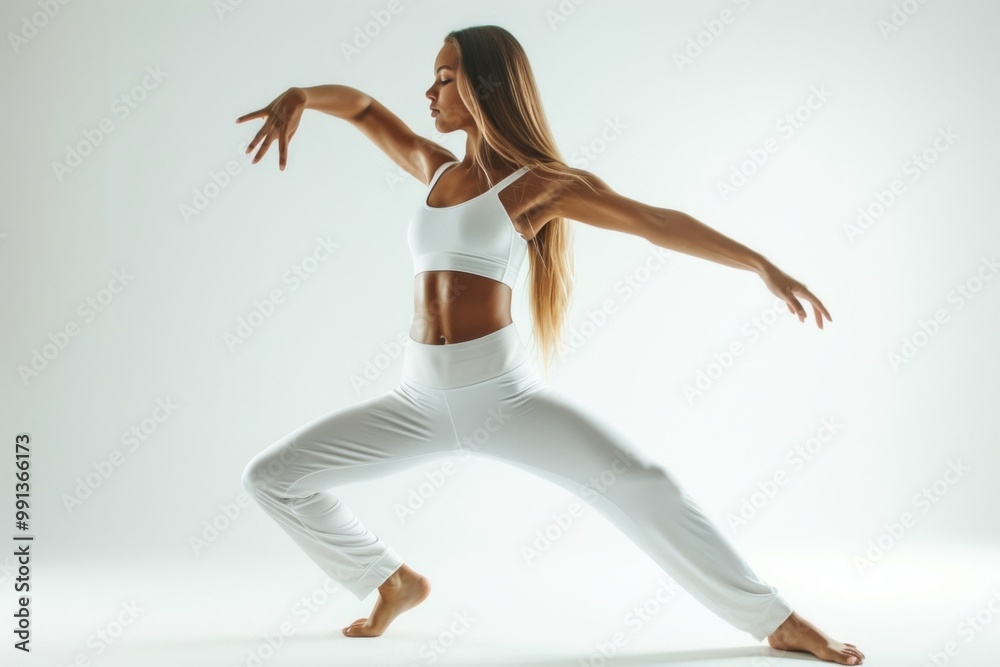 A woman in white pants and a matching top is doing yoga A woman in white pants and a matching top is doing yoga