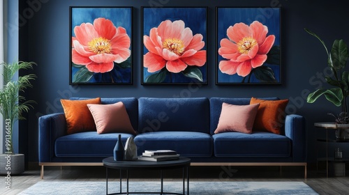 Fototapeta Naklejka Na Ścianę i Meble -  Set of abstract paintings featuring vibrant pink peonies on a serene, navy blue background