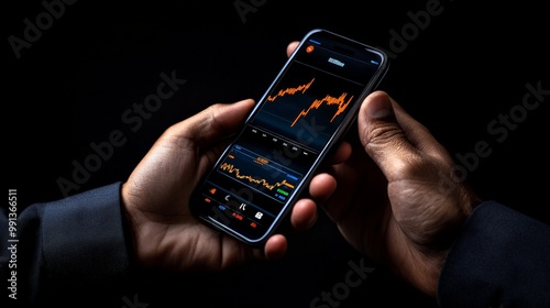 The Market in Your Hands: A close-up view of a businessman's hands holding a smartphone displaying a stock chart, highlighting the power of technology in modern finance. 