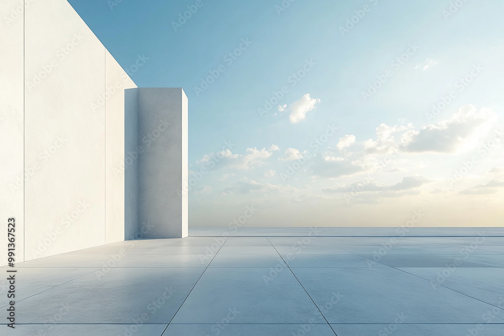 Obraz premium Abstract 3D rendering of minimalist style architectural space scene, mountain and lakeside building