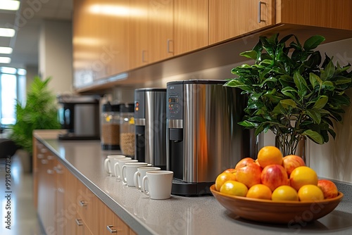 Modern office kitchen with coffee machines, mugs, and a bowl of fruit.