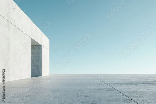Abstract 3D rendering of minimalist style architectural space scene, mountain and lakeside building