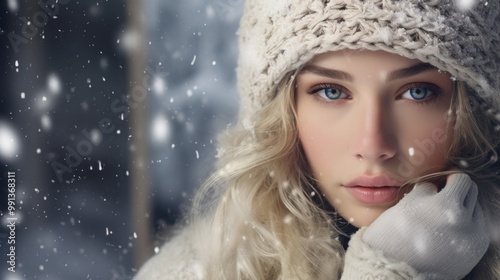 Snow-falling portrait of woman in fur coat and hat, blue eyes, white snow on eyelashes