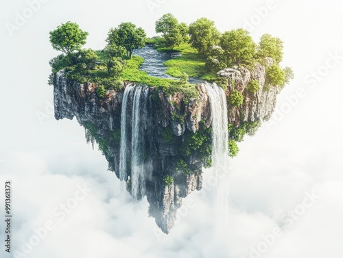 Ethereal fantasy island with waterfall and lush greenery floating above a cloudy sky.