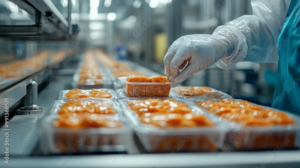 A worker in gloves places food trays on a production line in a factory setting. A worker in gloves places food trays on a production line in a factory setting.