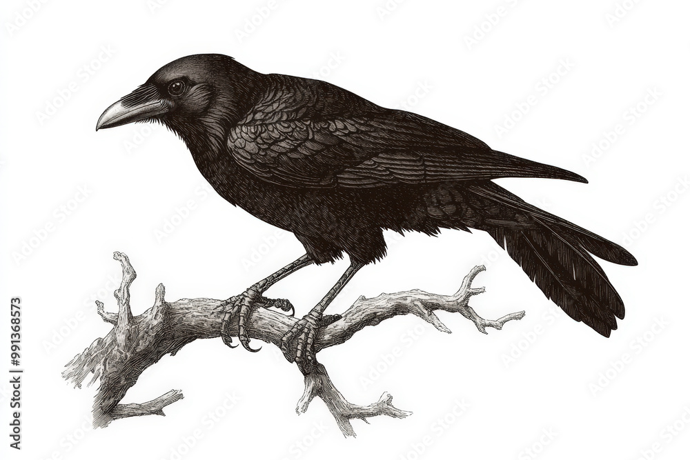 This highly detailed engraving style illustration features a black raven perched on a branch This highly detailed engraving style illustration features a black raven perched on a branch