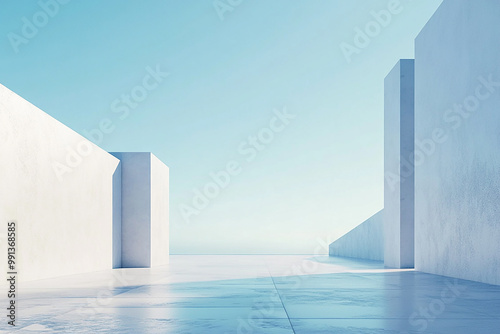 Abstract 3D rendering of minimalist style architectural space scene, mountain and lakeside building