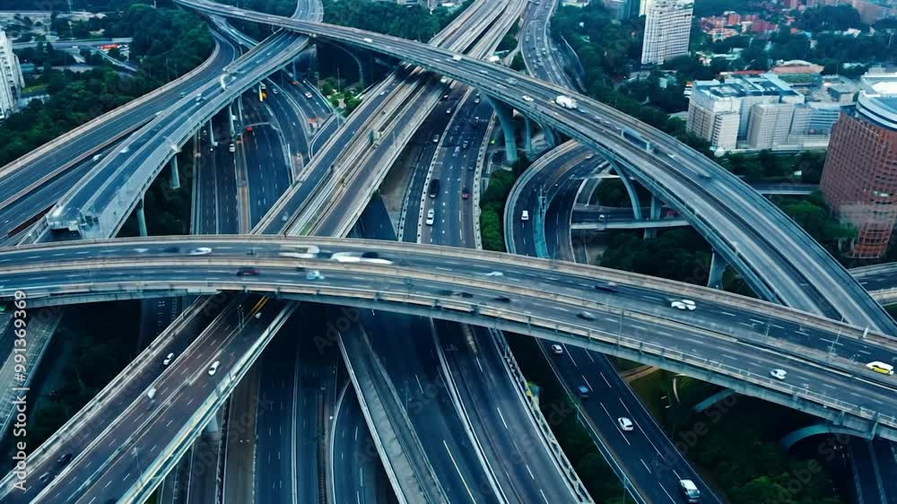 Multiple Lane Ramp An intricate highway interchange showcases multiple lanes and ramps ...