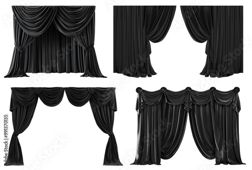 Collection Set of black luxury stage theatre theatrical hall auditorium curtain drapes backdrop on transparent cutout PNG file. Many different style. Mockup template for artwork design
