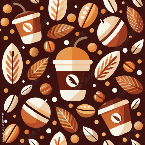 Seamless Pattern on the theme of hot coffee, coffee cups coffee beans. 