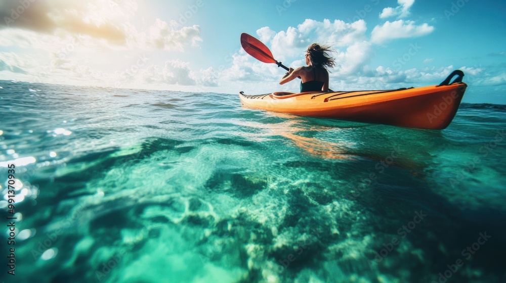 A person kayaking in clear beautiful tropical sea water A person kayaking in clear beautiful tropical sea water