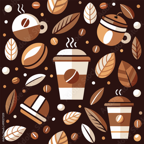 Seamless Pattern on the theme of hot coffee, coffee cups coffee beans. 