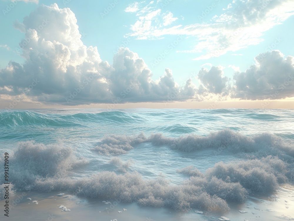 Fototapeta premium Surreal coastal landscape featuring ocean waves foamy surf and dramatic cloud formations 3D visualization