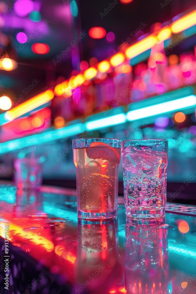Drinks on the bar counter, with a lemon slice and ice, ready to be enjoyed. Drinks on the bar counter, with a lemon slice and ice, ready to be enjoyed.