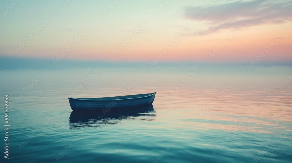 Naklejka premium Oceanic waves ripple gently while a small boat navigates the water towards a distant misty horizon under pastel skies