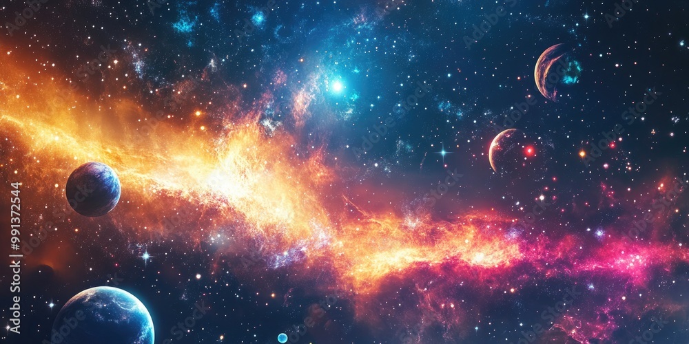 Colorful abstract space backdrop featuring a striking galaxy An explosion of stars sets the scene with illustrated planets in a distant solar system Perfect for science fiction themes Colorful abstract space backdrop featuring a striking galaxy An explosion of stars sets the scene with illustrated planets in a distant solar system Perfect for science fiction themes