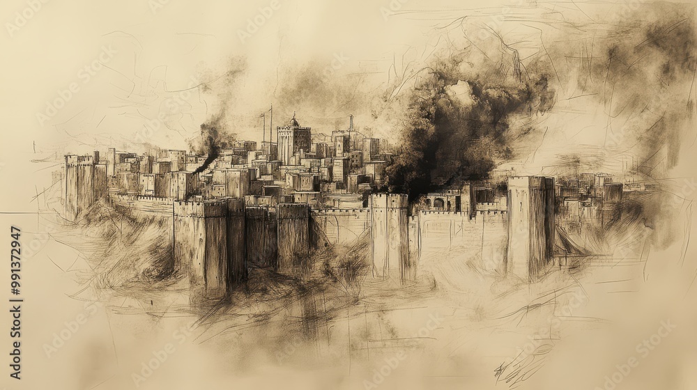 Biblical Illustration of a City Under Siege with Crumbling Walls and Rising Smoke, Symbolizing the Attacks of Enemies and Feeling of Being Surrounded by Trouble, Psalms 38 Biblical Illustration of a City Under Siege with Crumbling Walls and Rising Smoke, Symbolizing the Attacks of Enemies and Feeling of Being Surrounded by Trouble, Psalms 38
