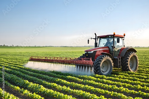 farming tractor on the big green field, agriculture