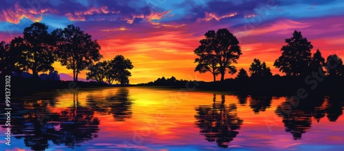 Vibrant sunset casting colorful reflections on tranquil water with silhouettes of trees along the shore