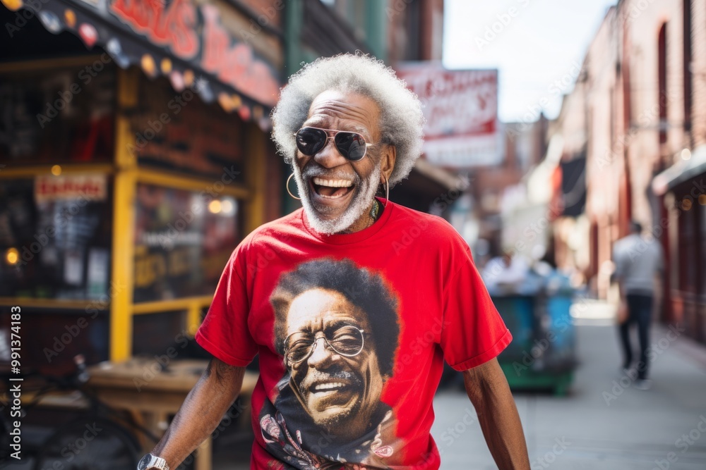 Portrait of a joyful afro-american elderly 100 years old man sporting a vintage band t-shirt in vibrant market street background Portrait of a joyful afro-american elderly 100 years old man sporting a vintage band t-shirt in vibrant market street background
