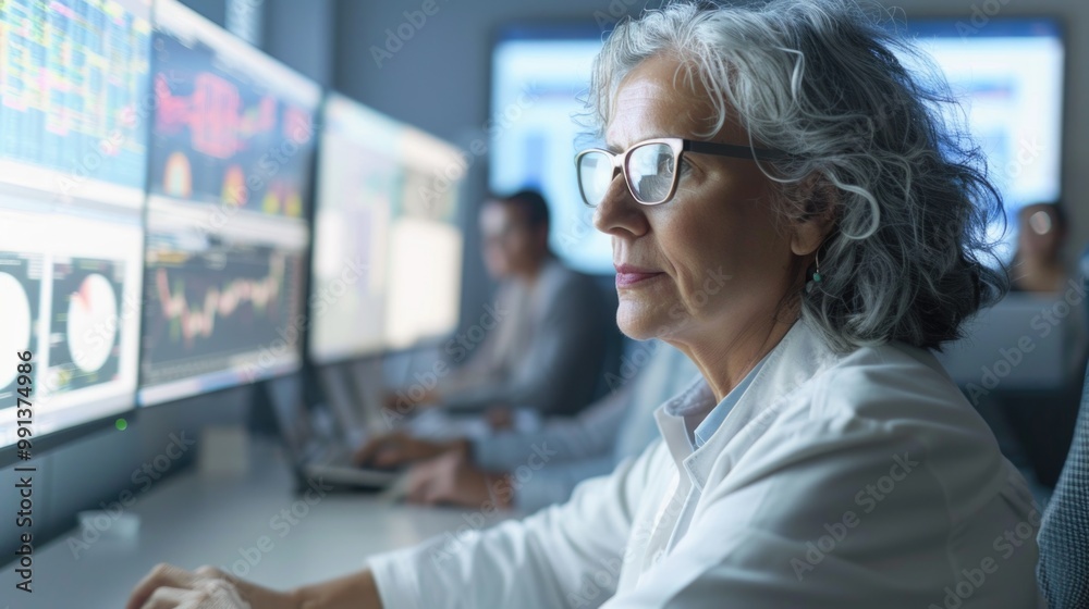 Professional woman in lab coat analyzing data on computer screens. Professional woman in lab coat analyzing data on computer screens.