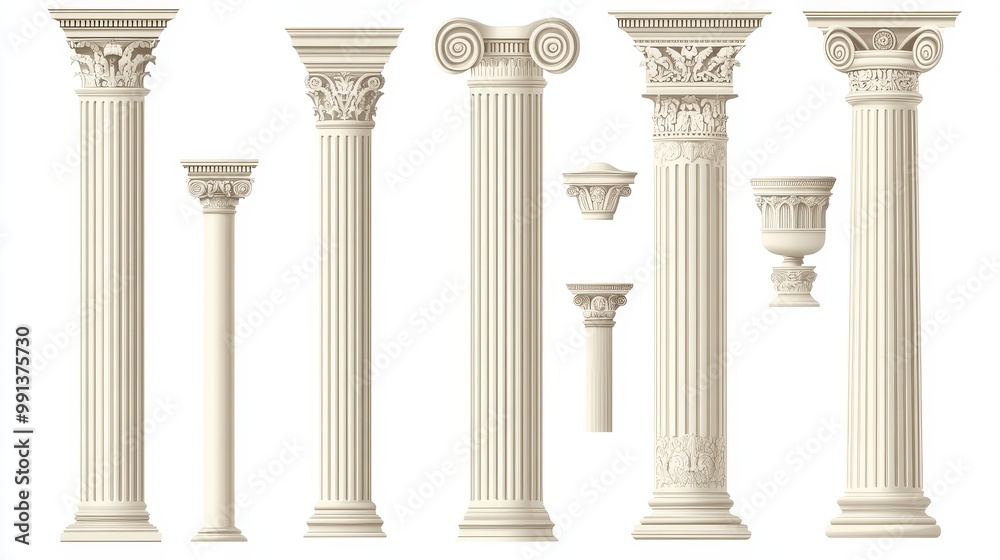 Fototapeta premium Ancient Greek and Roman architectural columns, isolated vector illustrations. Antique classic pillars, Greek pillars, historic podiums.