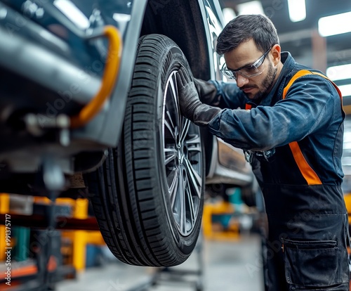 Mechanic working on a car in a service center, inspecting tires and wheels in a modern garage.