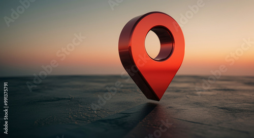 Location pin with technology icon on surface at sunset photo