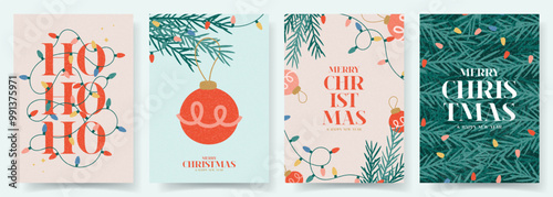 Merry Christmas and Happy New Year flyers. Trendy vector illustration with Christmas decoration and typography design. Contemporary minimalist New Year flyers for card, poster, cover, social media.