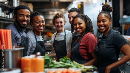 Welcoming Diversity: Inclusive Restaurant Team Preparing for Opening with Warm Smiles