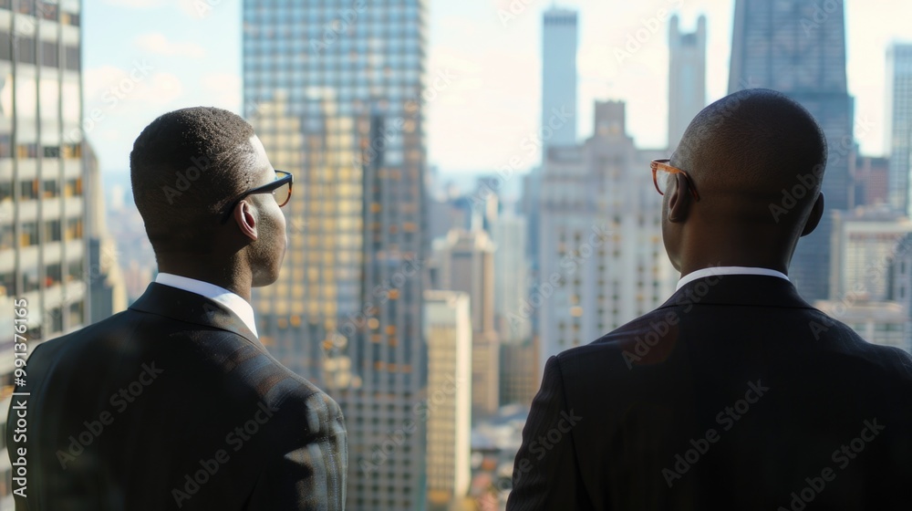 Two African American businessmen standing side by side, wearing suits, looking out over city skyline. Two African American businessmen standing side by side, wearing suits, looking out over city skyline.