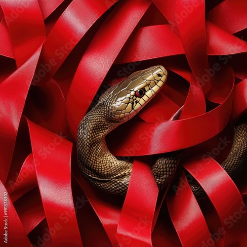 A captivating snake entwined in vibrant red ribbons, creating a striking visual contrast and a sense of intrigue. photo