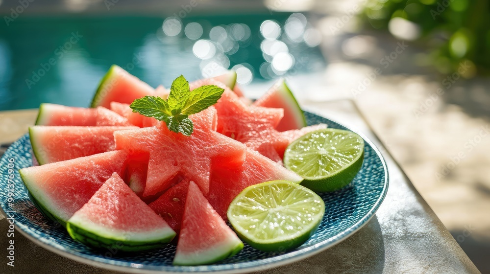 A plate of watermelon slices arranged in a star pattern, with lime wedges and mint leaves for garnish, on a sunny outdoor dining table. A plate of watermelon slices arranged in a star pattern, with lime wedges and mint leaves for garnish, on a sunny outdoor dining table.