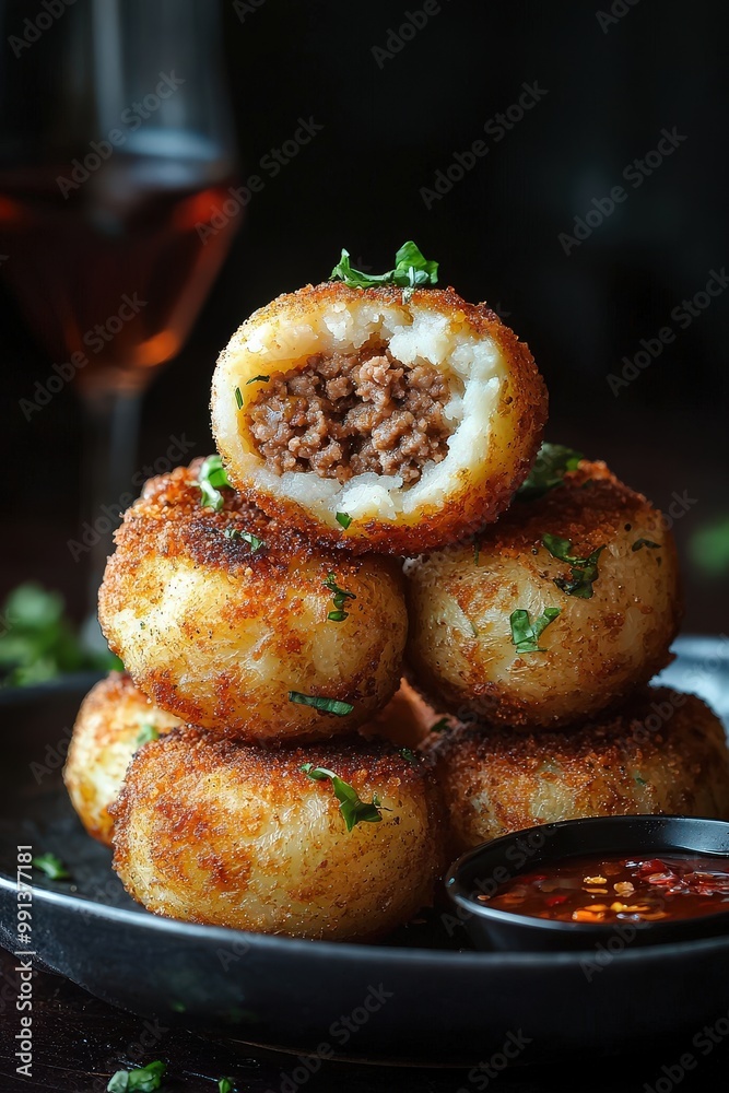 Papa Rellena - Mashed potatoes stuffed with ground meat, onions, and spices, then fried to a golden crisp. Papa Rellena - Mashed potatoes stuffed with ground meat, onions, and spices, then fried to a golden crisp.