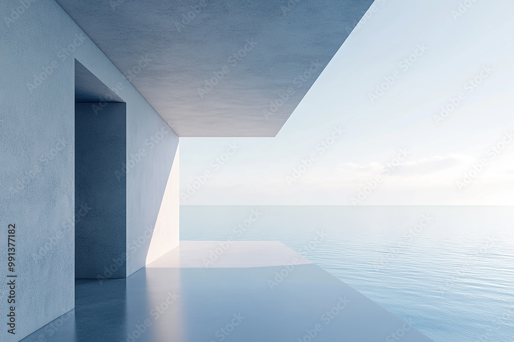 Abstract 3D rendering of minimalist style architectural space scene, mountain and lakeside building Abstract 3D rendering of minimalist style architectural space scene, mountain and lakeside building